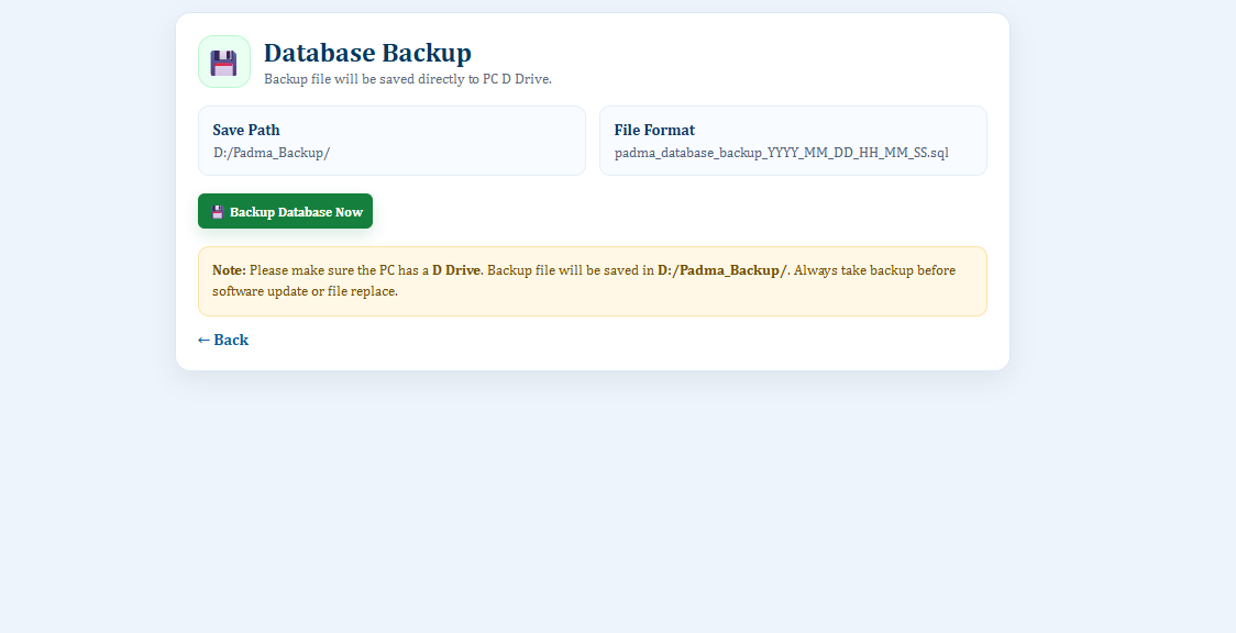 Database Backup - Diagnostic Software BD